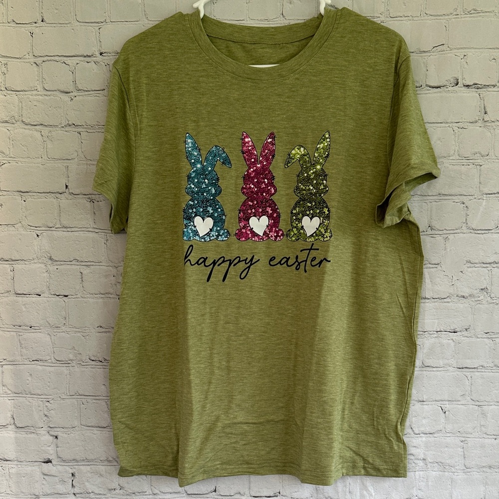 NWT Olive Green Easter Bunny Tee with cute Bunnies